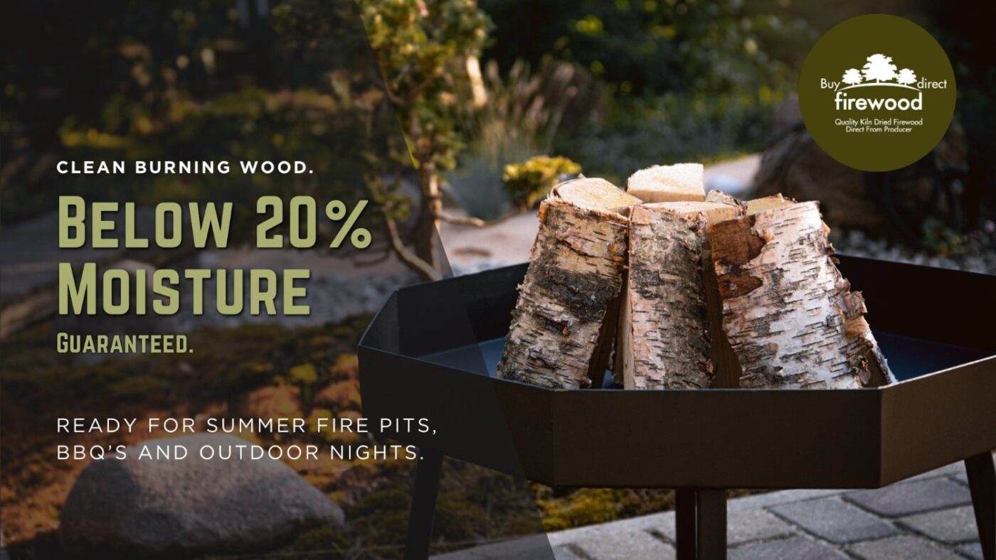 Advertisement image: birch firewood stacked in a black fire pit with bold green text reading 'Below 20% Moisture' and a round logo in the corner; promotes ready-to-use firewood for outdoor nights.