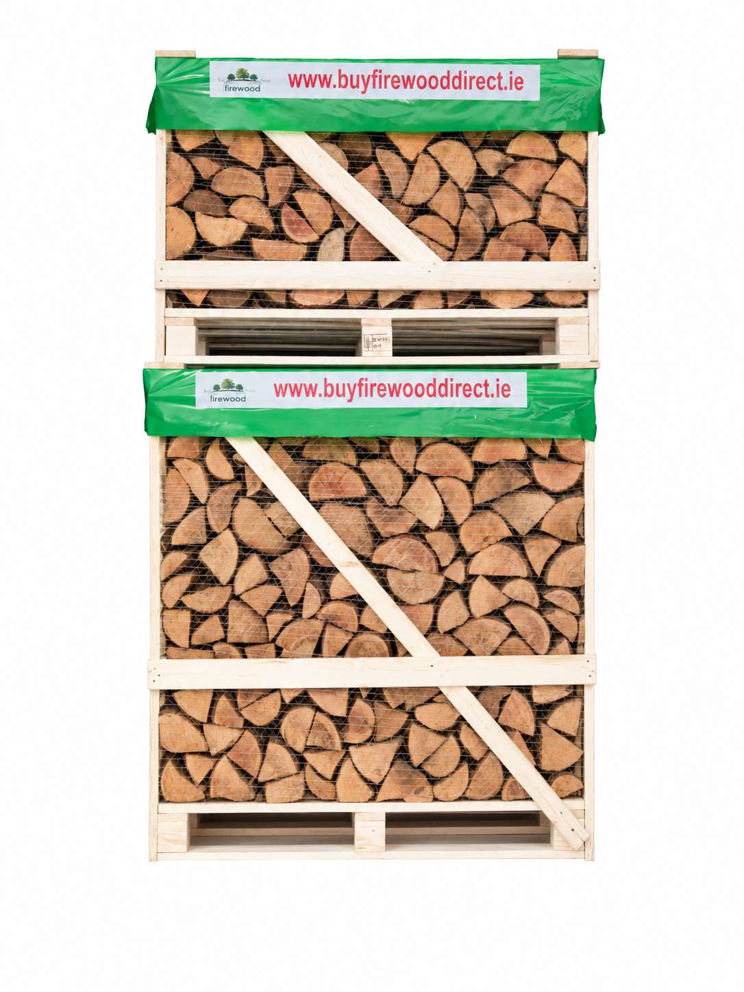 XL-Stack-Kiln-Dried-Logs-Front | Buy Firewood Direct Ireland | Kiln Dried Logs For Sale Two tall wooden crates filled with split logs, wrapped with green tape bearing the website www.buyfirewooddirect.ie.