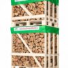 Stack of firewood logs packed in a wooden crate with green wrap and a banner reading www.buyfirewooddirect.ie.