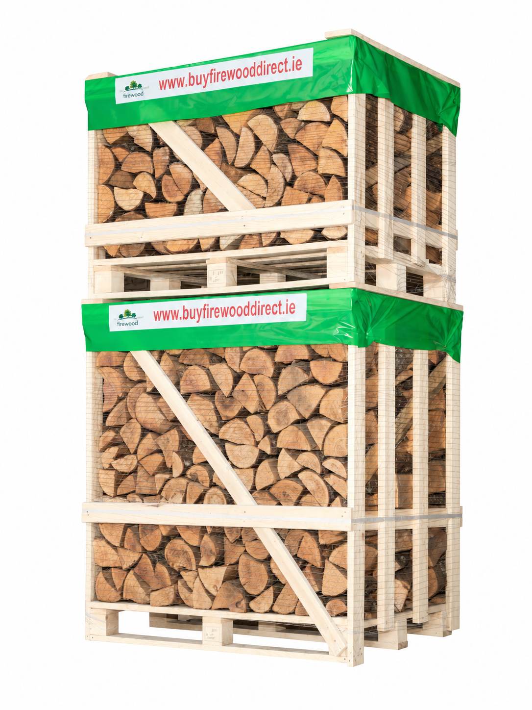 XL-Stack-Kiln-Dried-Mixed-Hardwoods | Buy Firewood Direct Ireland | Kiln Dried Logs For Sale Stack of firewood logs packed in a wooden crate with green wrap and a banner reading www.buyfirewooddirect.ie.