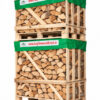 Stacked pallets of firewood with a green wrap and 'www.buyfirewooddirect.ie' banner; organized logs ready for shipment