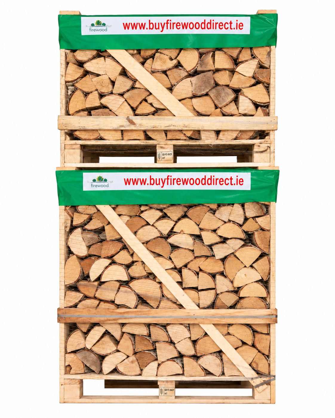 XL_Stack_Birch-front | Buy Firewood Direct Ireland | Kiln Dried Logs For Sale Stack of split logs neatly packed in wooden crates with green bands advertising www.buyfirewooddirect.ie's site URL
