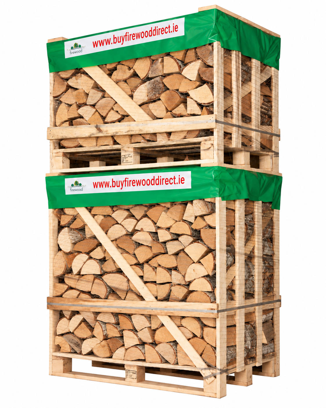 XL_Stack_Birch | Buy Firewood Direct Ireland | Kiln Dried Logs For Sale Stacked pallets of firewood with a green wrap and 'www.buyfirewooddirect.ie' banner; organized logs ready for shipment